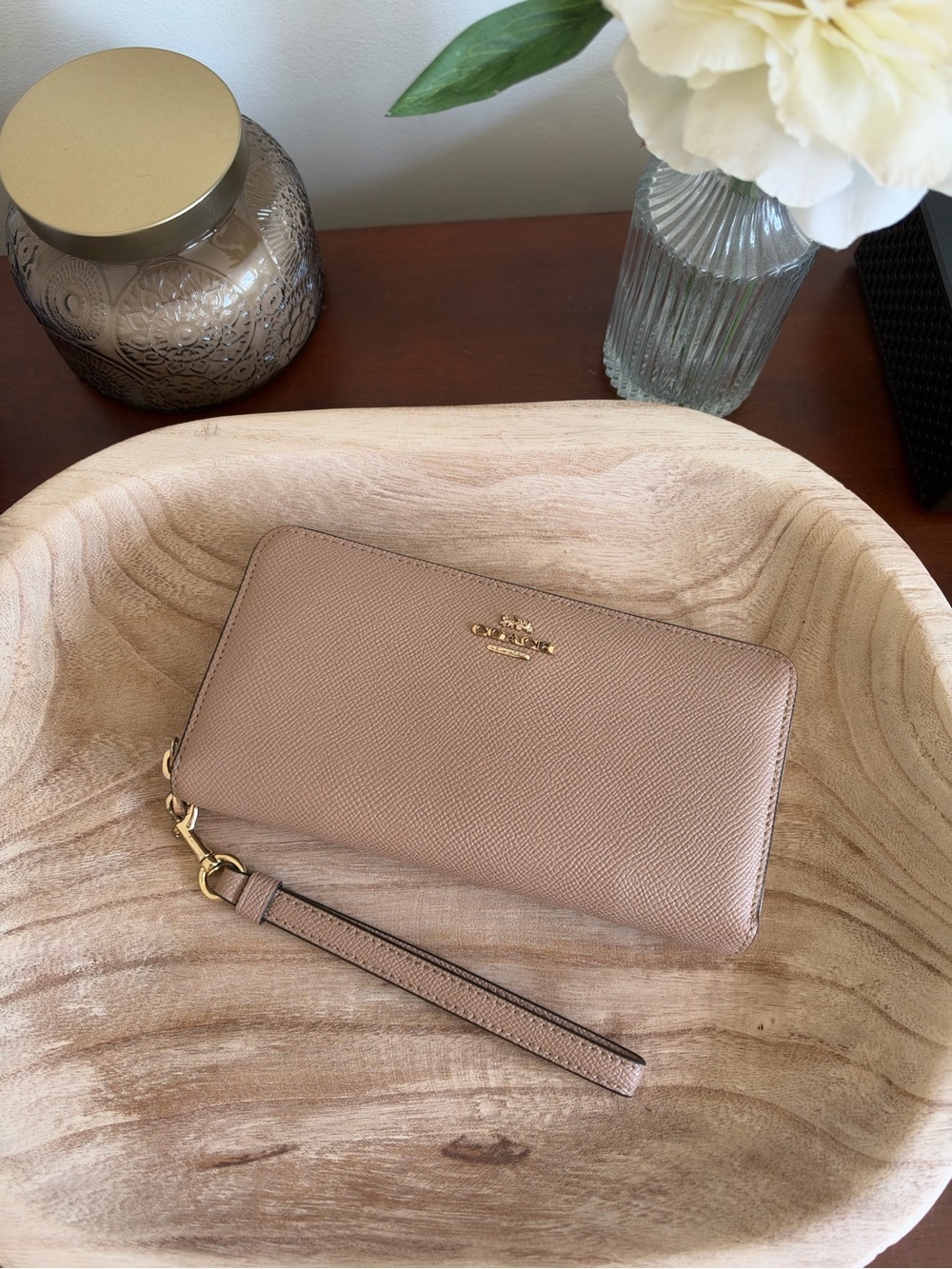Coach Long Zip Around Wallet Gold Taupe Crossgrain Leather C3441 Wristlet